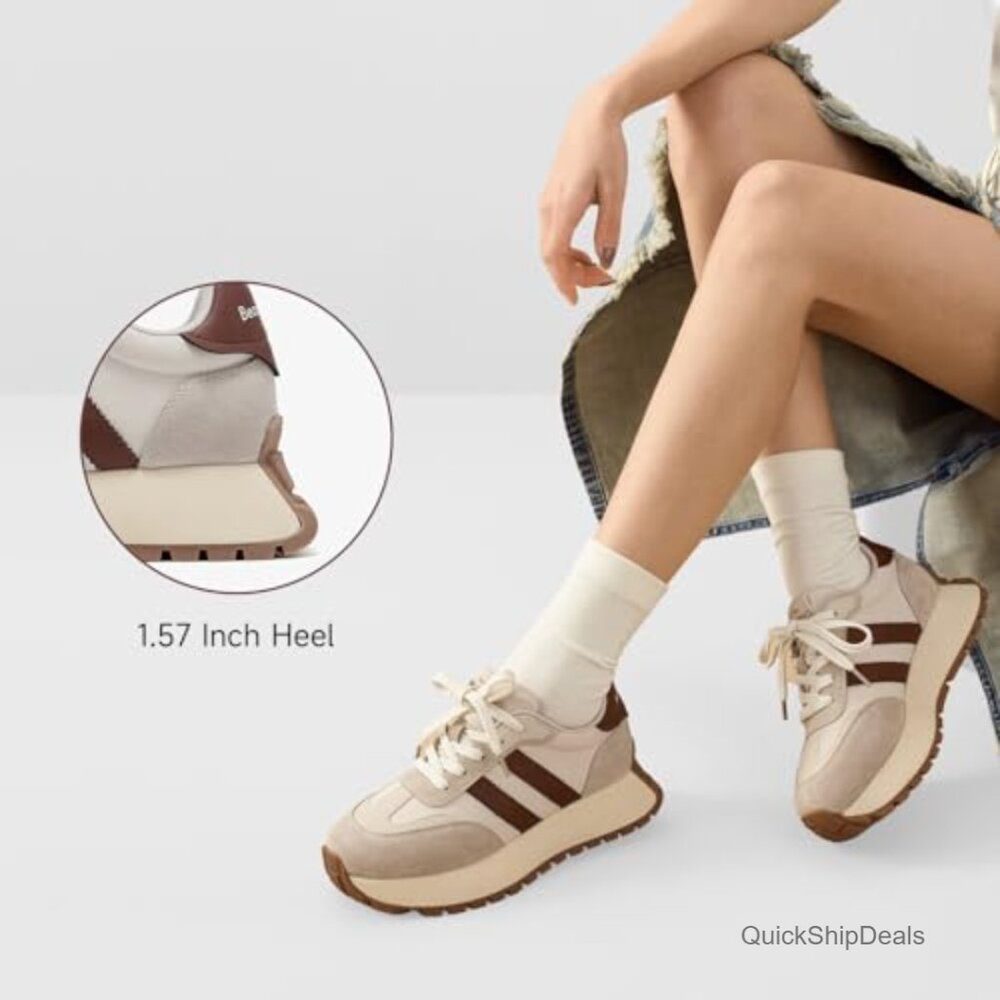 Genuine Leather Chunky Platform Retro Sneakers, Non-Slip Walking Shoes - Picture 2 of 7